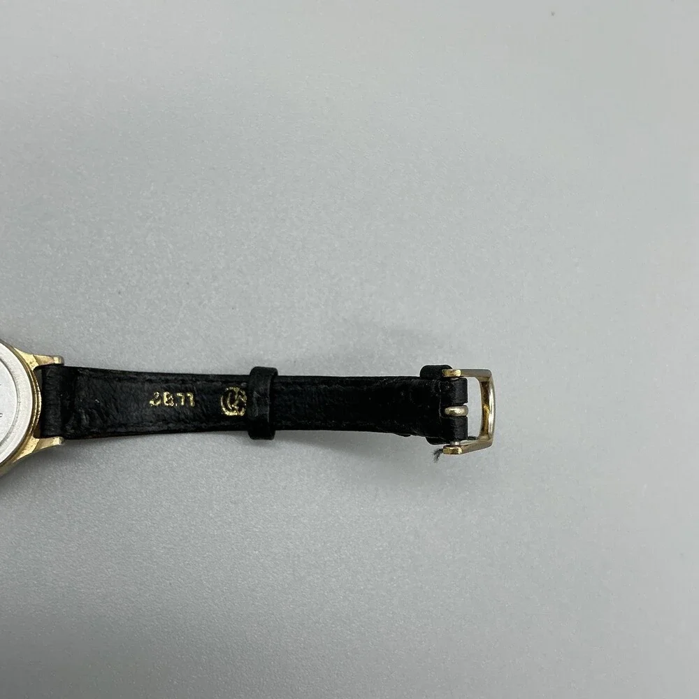 Vintage Q&Q Womens Watch 22mm Black Dial Gold Tone Manual Wind Leather Strap